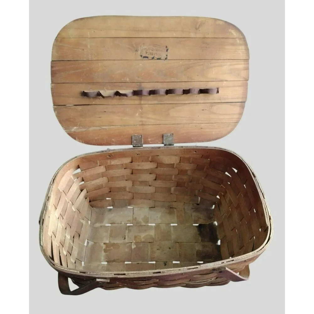 Vintage Picnic Basket Wov-N-Wood by Jerywil, 1940s Wooden Handles Hinged Lid